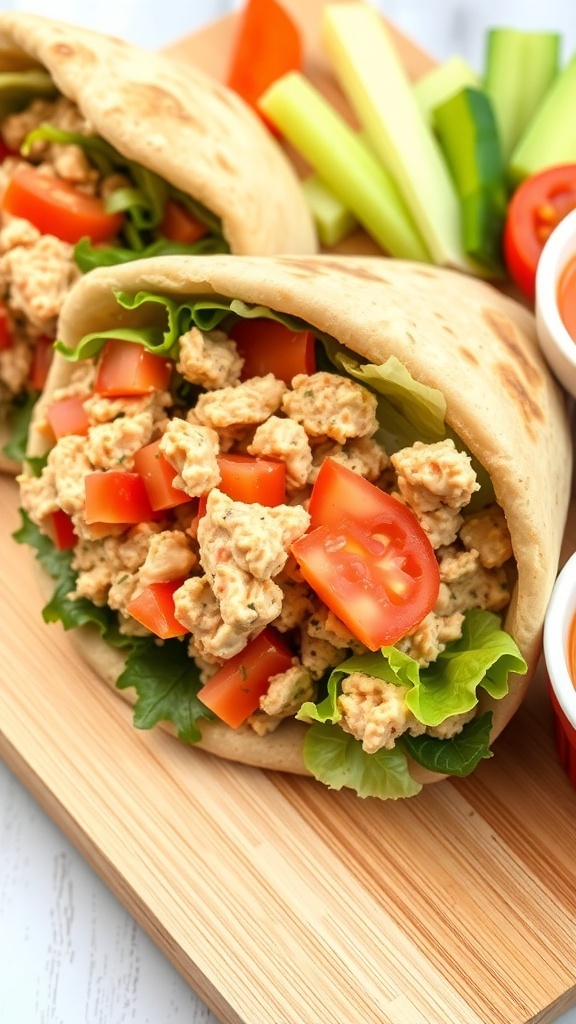 Tuna Pita Bread Sandwich Recipe Tuna pita sandwich with tuna salad, lettuce, and tomato on a wooden board with vegetable sticks.